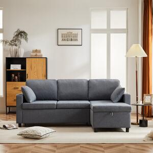 Divano Letto Multifunzionale 3 Posti L-Shape con Chaise Longue Reversibile, Contenitore Nascosto e Tasche Portaoggetti, Design Moderno, Grigio