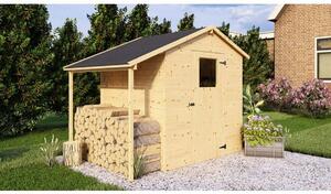 Casetta da giardino in legno di abete/pino non trattato, con tettoia a sbalzo, pannelli da 12 mm, aspetto del legno grezzo, dimensioni 2,96 m² + 0,88 m², tetto in feltro bituminoso, senza pavimento