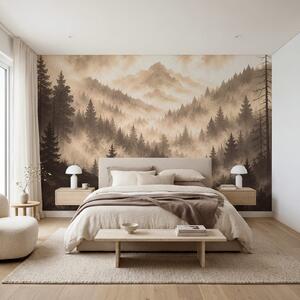 Carta da parati Paesaggio montano nebbioso con alberi e un fiume, Carta da parati Natura, Carta da parati popolare, t00800v1 - Tapeko.it