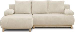 Divano angolare MIKA, 3 posti, con funzione letto e spazio contenitivo, rivestito in tessuto effetto velluto beige a coste, superficie letto di 130 x 210 cm