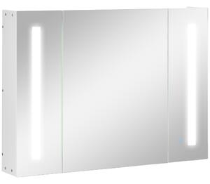 Kleankin Armadietto Specchiera da Bagno con 3 Armadietti, 3 Ripiani e Luce LED, 90x15x65 cm, Bianco|Aosom