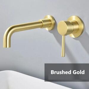 Miscelatore per lavabo da bagno, montaggio a muro, modello a incasso, con erogatore a cascata, girevole a 360°, altezza 70 cm, miscelatore monocomando, con controllo dell'acqua calda e fredda, in ottone, finitura oro spazzolato