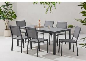 Set da giardino FA STAR per 6 persone: tavolo da giardino 180 x 90 cm (piano in vetro) + 6 sedie impilabili in tessuto Textilene, struttura in alluminio color antracite