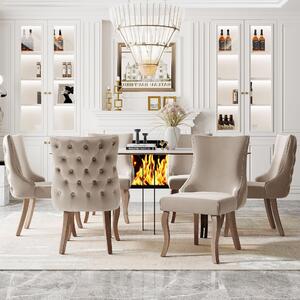 Sedia da pranzo Fortuna Lai (sedia da salotto con esclusiva trapuntatura a bottoni sullo schienale, 6 pezzi), sedia imbottita con rivestimento in velluto e borchie, gambe curve in legno massello, beige (2024.1.4 cambio gambe!!)