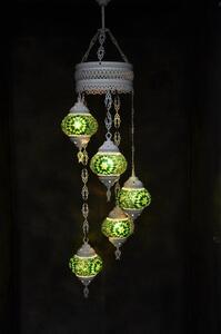 Lampada a sospensione con 5 sfere in vetro mosaico colorato verde, lampada da soffitto in stile marocchino orientale, lunga 120 cm