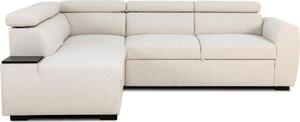 Divano angolare beige CASAPY KELIO con funzione letto per 4 persone, reversibile, dotato di 3 poggiatesta regolabili (6 posizioni), vano contenitore per lenzuola e cuscini per 2 persone e tavolino integrato
