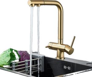 Rubinetto da cucina filtrato in ottone, doppia maniglia, acqua calda e fredda, design moderno, oro spazzolato