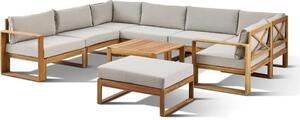 BOCARNEA LEVATA XXL: Set modulare per area relax esterna, adatto fino a 9 persone, realizzato in legno di acacia , con rivestimento in lino grigio, reversibile