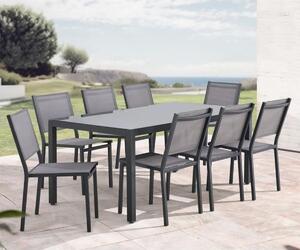 Set da giardino SABAIDECO per 8 persone: tavolo da pranzo rettangolare di 180x90 cm (alluminio e vetro temperato) con 8 sedie, colore grigio