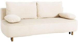 Divano letto PYLA, 3 posti, con contenitore portaoggetti, rivestito in velluto effetto perla color beige, superficie di riposo di 203 x 141 cm, materasso da 7 cm, capacità di 105 litri