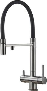 Rubinetto da cucina filtrato, doppia maniglia, funzione spray estraibile, materiale ottone, grigio argento
