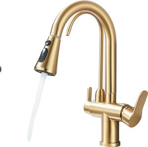 Rubinetto da cucina, Design a doppia maniglia, Funzione spray estraibile, Oro spazzolato
