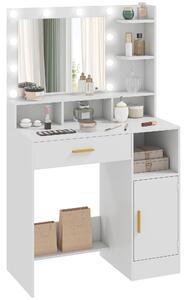 HOMCOM Coiffeuse con specchio e 10 luci LED, luminosità regolabile, cassetto, armadietto e mensole aperte, 80x40x135cm, bianco | Aosom Italy