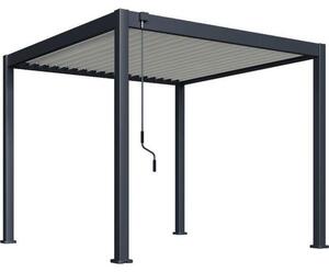 Pergola bioclimatica in alluminio, dimensioni 3x3 metri, con lamelle in acciaio bianco orientabili a 135°, profilo del telaio antracite e design piatto