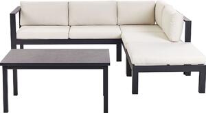 BELIANI Set di divani da giardino a 5 posti struttura in metallo nero crema cuscini bianchi tavolo in vetro moderno set da salotto scandinavo per esterni