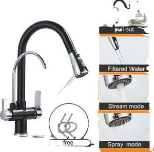 Rubinetto da cucina, design a doppia maniglia, funzione spray estraibile, cromo nero