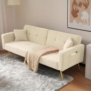 Divano letto 2 posti con funzione letto, dimensioni 175x64x72 cm, schienale regolabile a 105°/138°/180°, rivestimento in tessuto Sherpa color beige, gambe dorate, ideale per il soggiorno