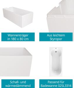 Supporto per vasca da bagno Calmwaters® 180 x 80 cm Modern Small 2, adatto per vasche da bagno rettangolari 180x80 cm, supporto in polistirolo, isolante acustico e termico, direttamente piastrellabile, supporto per vasca da bagno bianco, 03AX3356