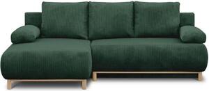 MIKA, divano angolare con meccanismo letto, lato sinistro, 3 posti, rivestito in velluto verde scuro, dimensioni approssimative: 130 x 210 cm. Include un contenitore per la biancheria da letto