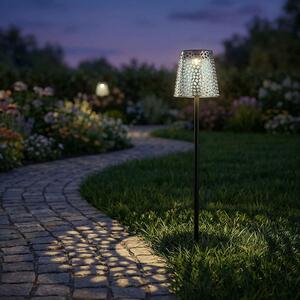 Lampada solare a LED, metallo, nera, con motivi decorativi traforati, H 70 cm