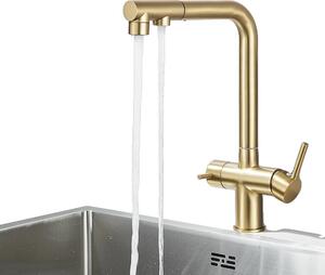 Miscelatore da cucina a due maniglie, acqua fredda e calda, bocca estraibile per acqua filtrata, oro a pennello