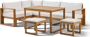 Set da pranzo angolare BOCARNEA in legno di acacia, modulare (l'angolo è girevole), composto da un tavolo e 2 sgabelli, con cuscini e coperture protettive color crema, per 6 persone (fino a 7)