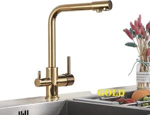 Miscelatore da cucina cromato, comando a doppia maniglia, rotazione di 360 gradi, oro