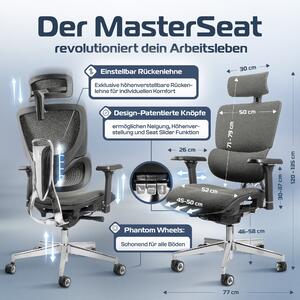 CLOUVOU MasterSeat grigio sedia da ufficio, sedia da scrivania, ergonomica, sedia direzionale per studio, tessuto QuantumFlex, sedia ergonomica, sedia girevole 150 kg