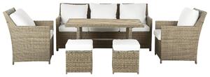 BELIANI Set di divani da giardino per 5 persone in rattan artificiale marrone con cuscini bianchi Tavolo rettangolare e 2 poltrone 2 sgabelli