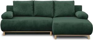 Divano letto MIKA con spazio contenitore, divano angolare con lato destro, tre posti, rivestito in velluto a coste color verde scuro (100% poliestere)