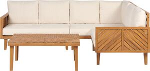 BELIANI Set di divani angolari da giardino in legno di acacia chiaro crema cuscini bianchi 5 posti con tavolino design moderno giardino terrazza