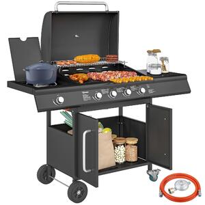 Outsunny barbecue a gas 15,2 KW carrello barbecue incl. 5 bruciatori in acciaio inox rotolo fornello laterale