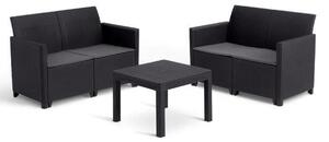 Set modulare da giardino Keter MARIE per 4 persone, color nero, aspetto intrecciato, realizzato in resina (composto da 2 divani a 2 posti o 1 divano a 3 posti + 1 poltrona), completo di tavolino e cuscini