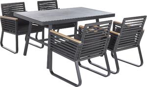 BELIANI Set di mobili da giardino in alluminio nero tavolo 150x90 rettangolare in pietra 4 sedie con braccioli cuscini arredo esterno terrazzo