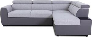 Divano angolare modulare CASAPY KELIO, reversibile, con funzione letto, per 4/5 persone, dotato di 3 poggiatesta regolabili, rivestito in ecopelle grigio antracite e poliestere grigio. Superficie di riposo: 117x187 cm. Include un vano contenitore