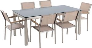 BELIANI Set da pranzo da giardino beige con piano in vetro nero 6 posti 180 x 90 cm