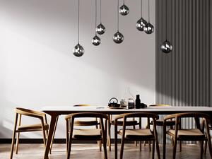 Lampada a sospensione LED design multi-fiamma nero con 8 globi in vetro fumé, lunghezza 115 cm
