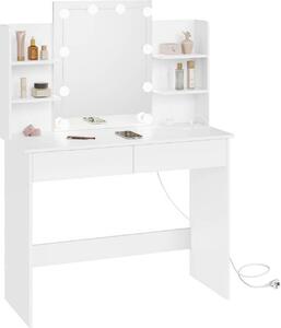 WOLTU Tavolino da toilette con illuminazione LED, prese di corrente, specchio, 2 cassetti, bianco