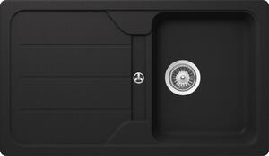 Lavello in granito Victory SR860 in nero 860 x 500 mm reversibile, incl. set di raccordi eccentrici girevoli