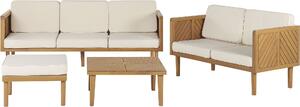 BELIANI Set di divani da giardino in legno di acacia chiaro crema cuscini bianchi Divano 5 posti e tavolo con tabouret design moderno giardino terrazza