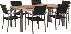 BELIANI Set di mobili da giardino tavolo e sedie, legno di eucalipto chiaro 180 x 90 cm, 6 sedie in rattan nero