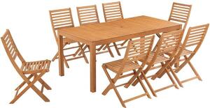 Set da pranzo HAVANAin eucalipto per 8 persone: tavolo da giardino 180x90 cm + 8 sedie pieghevoli con braccioli