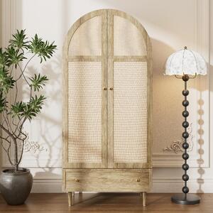 Armadio Moonbite con cassetti e appendiabiti, ante rivestite in tessuto, armadio da ingresso alto 175 cm, gambe in legno massello, pannello MDF, finitura noce