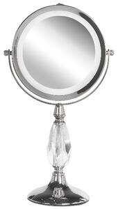 BELIANI Specchio per il trucco argento rotondo bifacciale ruotabile con supporto per luce LED ingrandimento 5x Specchio da tavolo moderno per il trucco
