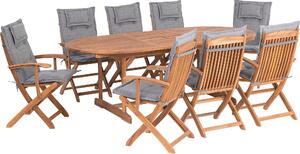 BELIANI Set di mobili da giardino marrone chiaro e grigio, in legno di acacia e tessuto, 8 posti, cuscini inclusi, per terrazza, uso esterno, casa di campagna