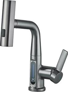 Rubinetto per lavabo, luce LED, doccetta estraibile, grigio metallizzato