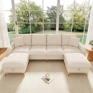 Divano letto modulare a forma di U, beige, dimensioni 263x137x85 cm, rivestito in chenille, con 2 poggiapiedi contenitori, cuscini seduta rimovibili e 2 cuscini decorativi per il soggiorno