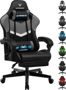 LUCKRACER sedia da gioco sedia da ufficio ergonomica con cuscino lombare cuscino poggiatesta, sedia da gioco regolabile in altezza capacità di carico 150 kg, poggiapiedi grigio