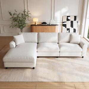 Divano angolare 256x137x79 cm, color beige, rivestito in chenille, con superficie di riposo regolabile e cuscini removibili, ideale per il soggiorno
