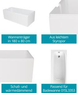 Supporto per vasca da bagno Calmwaters® 180 x 80 cm originale, adatto a vasche rettangolari da 180 x 80 cm, supporto in polistirolo, isolante acustico e termico, pronto per la piastrellatura, supporto per vasca da bagno bianco, 03AX3360